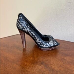 TORY BURCH Regan Black Leather/Linen Peep-Toe T Logo Platform Heel Pump